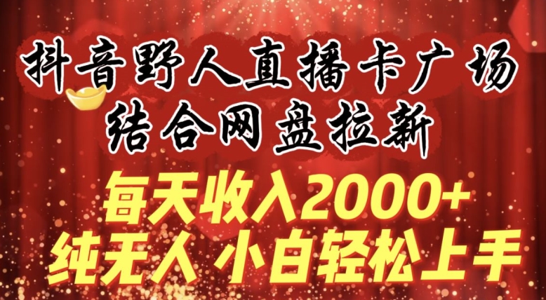 每天收入2000+，抖音野人直播卡广场，结合网盘拉新，纯无人，小白轻松上手-搞钱社