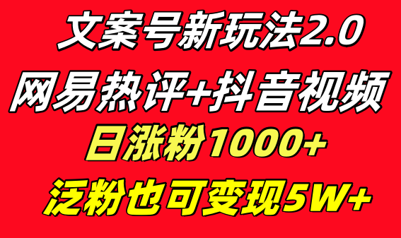 文案号新玩法 网易热评+抖音文案 一天涨粉1000+ 多种变现模式 泛粉也可变现-搞钱社