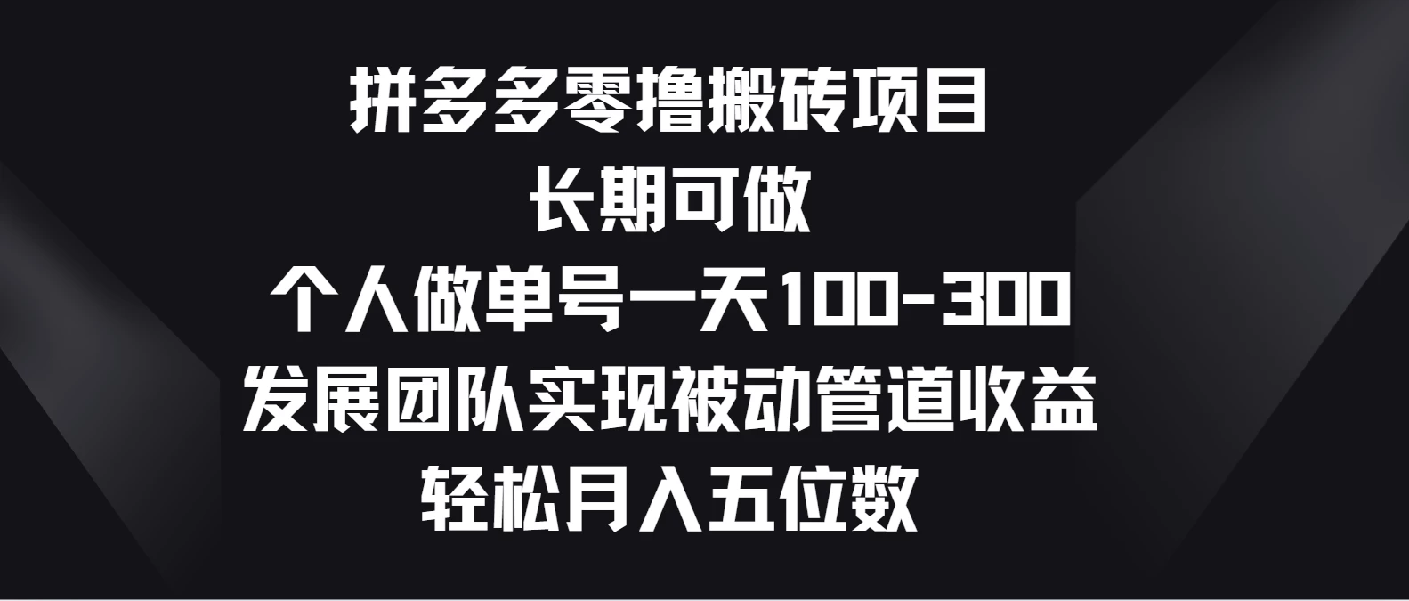 拼多多零撸搬砖项目，长期可做，个人做单号一天100-300，发展团队实现被动管道收益，轻松月入五位数-搞钱社