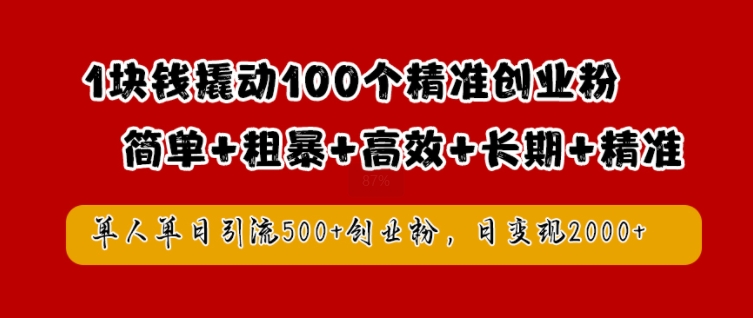 1块钱撬动100个精准创业粉，简单粗暴高效长期精准，单人单日引流500+创业粉，日变现2k【揭秘】-搞钱社