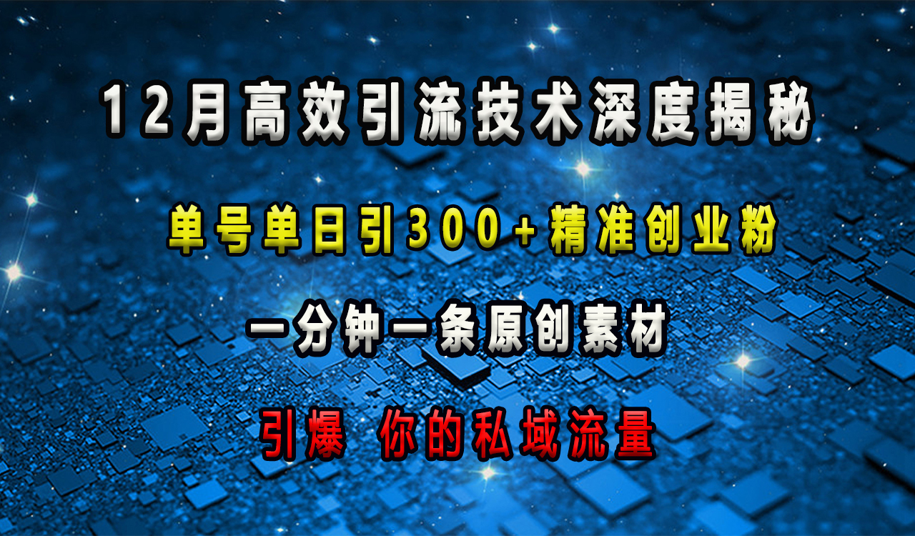 12月高效引流技术深度揭秘 ，单号单日引300+精准创业粉，一分钟一条原创素材，引爆你的私域流量-搞钱社