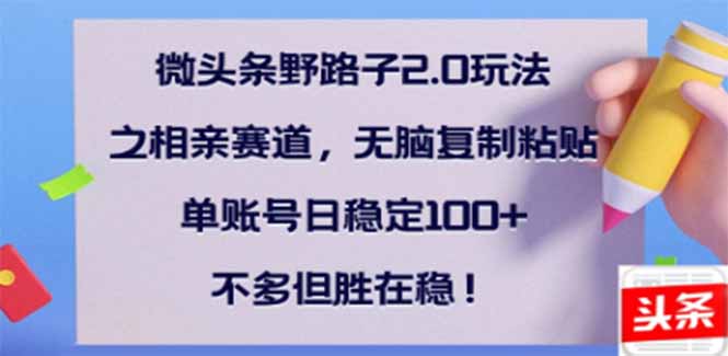 微头条野路子2.0玩法之相亲赛道，无脑搬砖复制粘贴，单账号日稳定300+…-搞钱社